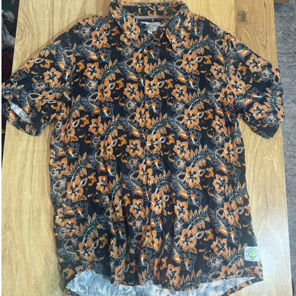 Margaritaville Mens Large Floral Hibiscus Button Down Shirt Black Orange Vintage